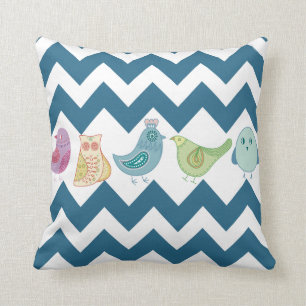 Coussin Chevron bleu barre les hiboux mignons lunatiques