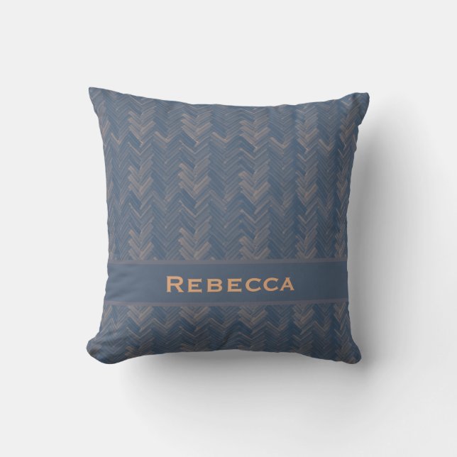 Coussin Chevron Herringbone Motif Retro Blue Monogramme (Recto)