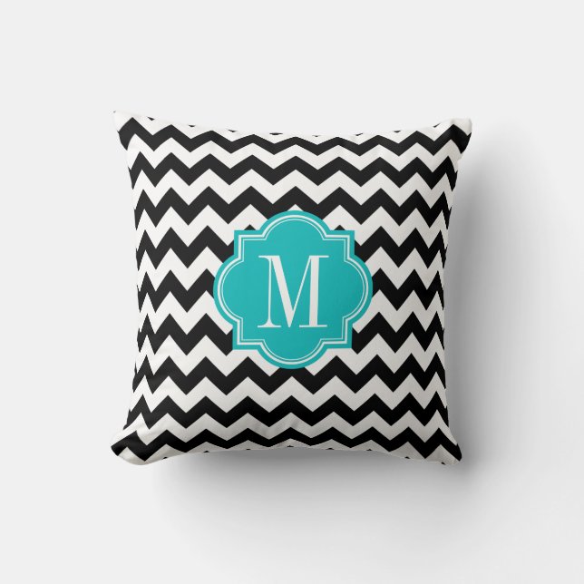 Coussin Chevron noir et blanc avec le monogramme turquoise (Recto)