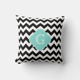 Coussin Chevron noir et blanc Monogramme Quatrefeuilles Aq