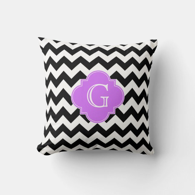Coussin Chevron noir et blanc Monogramme Quatrefeuilles Li (Recto)