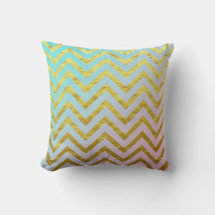 Coussin Chevron Or Feuille Teal Bleu Rose Ombré Féminin Ch