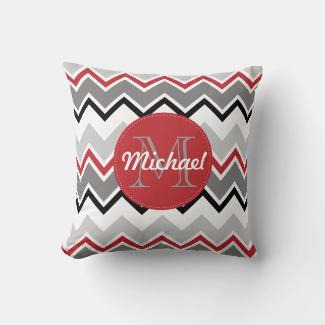 Coussin Chevron Red Grey Black Monogrammed Circle Stitches (Recto)