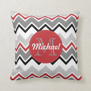 Coussin Chevron Red Grey Black Monogrammed Circle Stitches