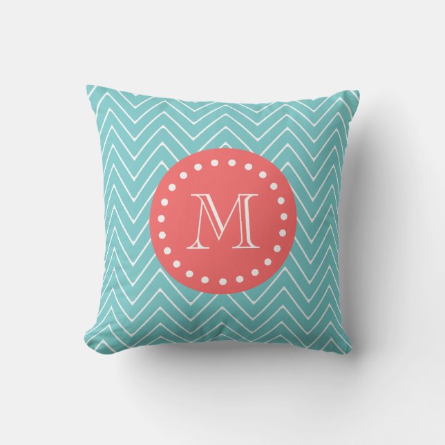 Coussin Chevron turquoise et de corail avec le monogramme (Recto)