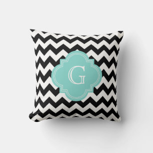 Coussin Chevron Zig-Zag Noir Blanc Monogramme Turquoise