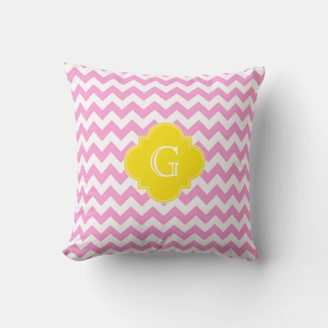 Coussin Chevron Zigzag Rose Blanc Monogramme Quatrefeuille (Recto)
