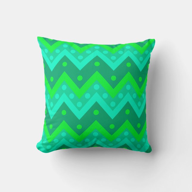 Coussin Chevrons et points - turquoise et vert citron (Recto)