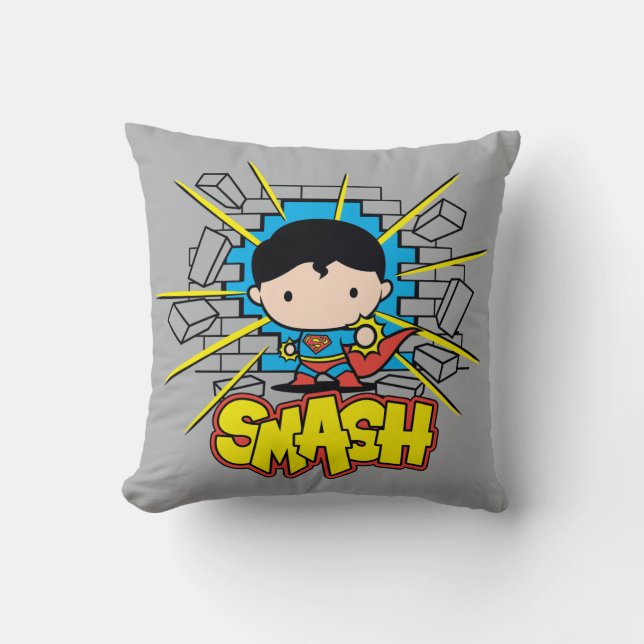 Coussin Chibi Superman Frappant À Travers Un Mur De Brique (Recto)