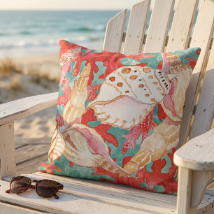 Coussin Chic Aqua Turquoise Corail Rouge Motif Coquillages