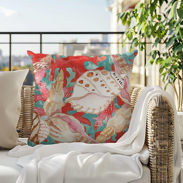 Coussin Chic Aqua Turquoise Coral Motif de coquillages rou (Créateur téléchargé)