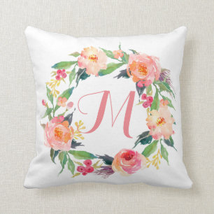 Coussin Chic aquarelle Floral Wreath Monogramme