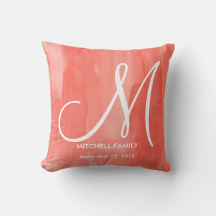 Coussin Chic Aquarelle Monogramme Famille Mariage Carré