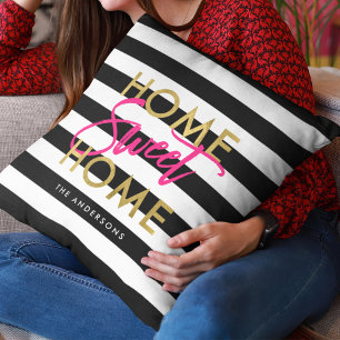 Coussin Chic Black & White Stripes Gold Home Sweet Home