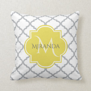 Coussin Chic Blanc Gris Quatrefoil Jaune Nom Monogramme
