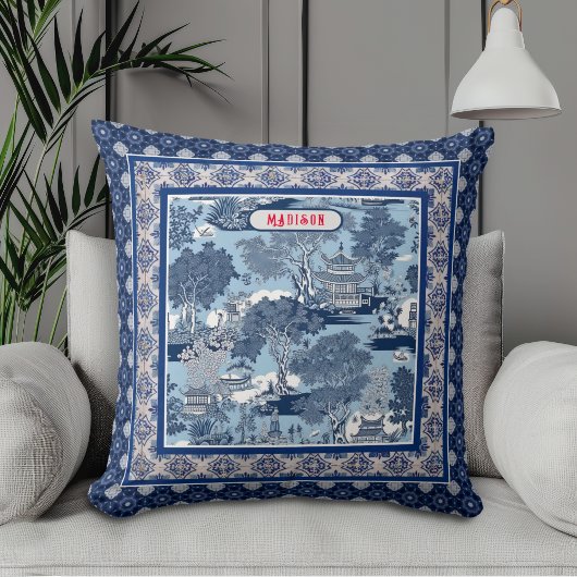 Coussin Chic bleu blanc saule chinoiserie toile monogramme
