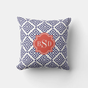 Coussin Chic bleu grec clé motif géométrique monogramme