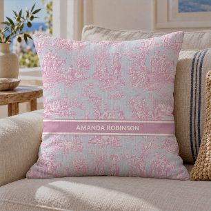 Coussin Chic bleu rose vintage imprimé toile de jouy