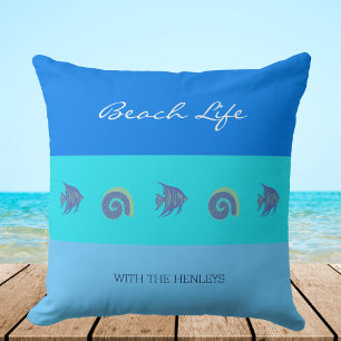 Coussin Chic Blue Stripes Coques Fish Family Beach House