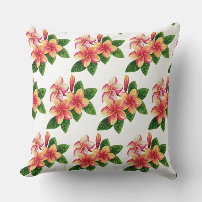 Coussin Chic Boho Fleurs Tropicales Roses sur Fond Blanc (Recto)