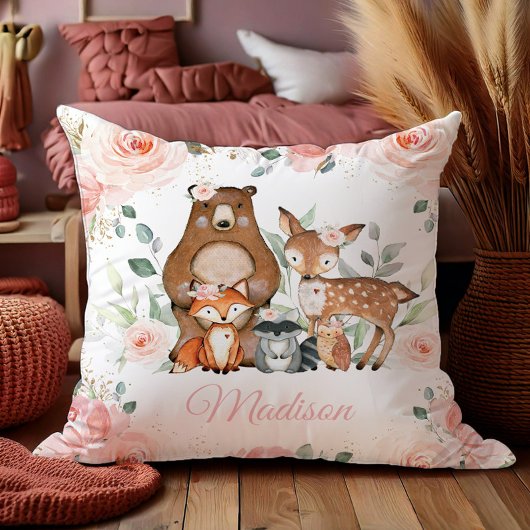 Coussin Chic Bois Animaux Blush Rose Floral Nursery