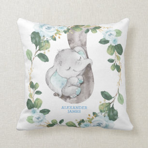 Coussin Chic Botanique Bleu Floral Elephant Boy Nursery
