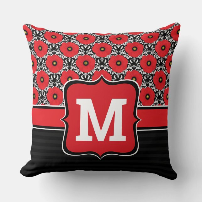 Coussin Chic Chic Rouge, Noir & Blanc Poppies Monogramme (Recto)