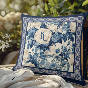 Coussin Chic Chinoiserie Toile Florale Monogramme Bleu