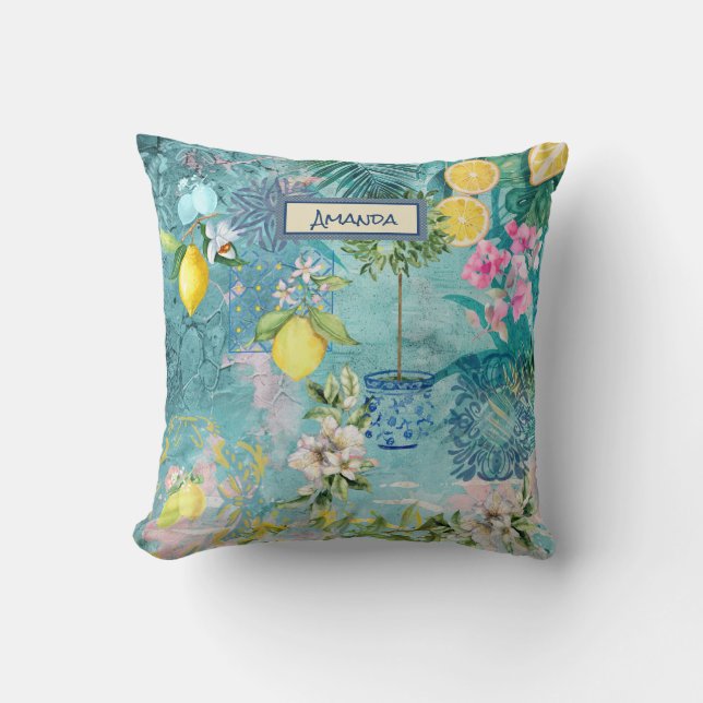 Coussin Chic collage blue turquoise sicilian citrus floral (Recto)