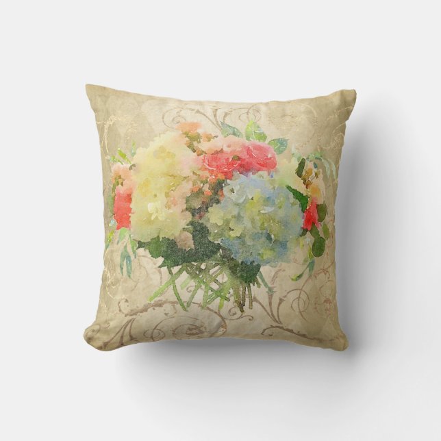 Coussin Chic Coral Rose Blue Hydrangea Floral Gold Damask (Recto)