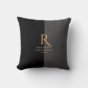 Coussin Chic Élégant Moderne Noir Or Monogrammé