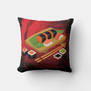 Coussin Chic Élégant Moderne Sushi Noir & Rouge