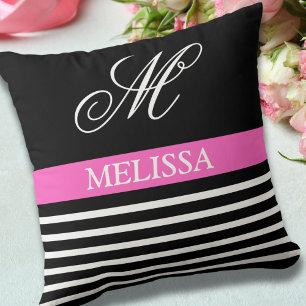 Coussin Chic Élégant Rayures Noires et Blanches Avec Initi