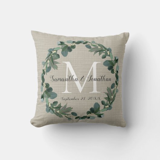 Coussin Chic Eucalyptus Wreath Monogramme Mariage Keepsaké (Recto)