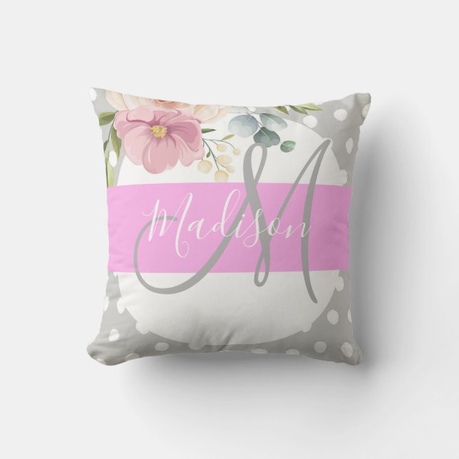 Coussin Chic & Féminin Fleurs Blanc Rose Gris Monogramme N (Recto)