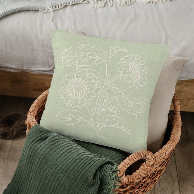 Coussin Chic Fleurs De Soleil Botanique En Ivoire Sur Vert (Créateur téléchargé)