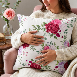 Coussin Chic Floral Rose Burgundy Roseau Aquarelle Romanti