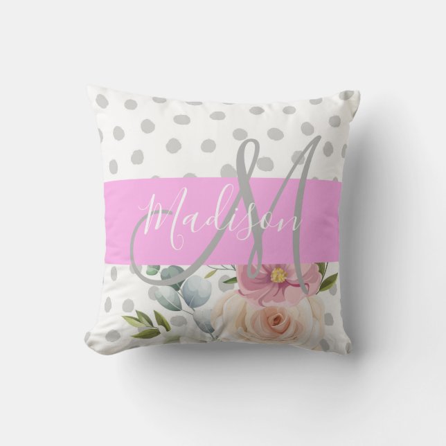 Coussin Chic & Girl Floral Blanc rose Gris Nom (Recto)
