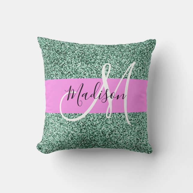 Coussin Chic Glam Rose Vert Paillettes Paillette Monogramm (Recto)