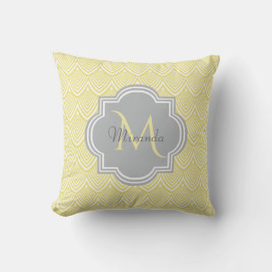 Coussin Chic Jaune Art Déco Scallops Grey Monogramme Nom