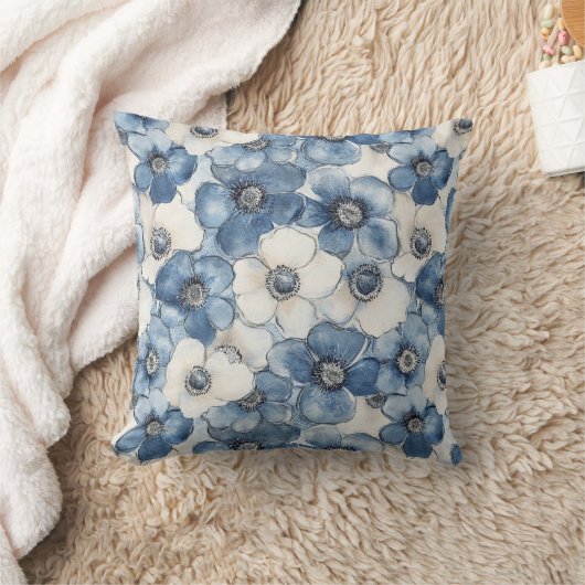 Coussin Chic Jean Blanc Fleurs Bleues Mariage Éclaboussure (Couverture)