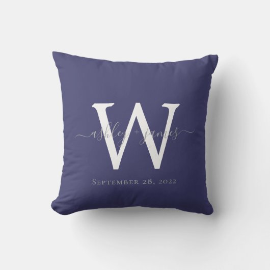 Coussin Chic Marine Bleu Monogramme Blanc Mariage Keepsaké (Recto)
