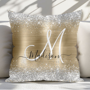 Coussin Chic métal brossé or argent faux paillettes