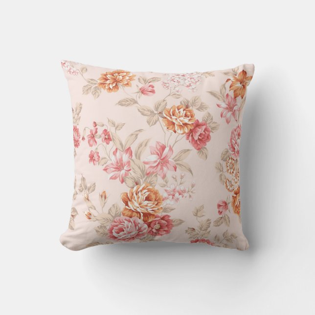 Coussin Chic minable rouge-rose de pêche beige florale (Recto)