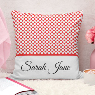 Coussin Chic Minimaliste Rouge & Blanc Points Personnalisé