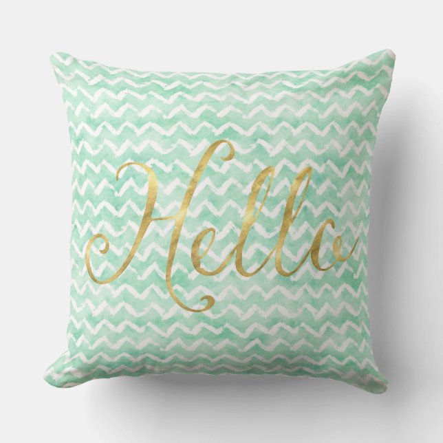 Coussin Chic Mint Aquarelle Chevron Stripes Or Bonjour (Recto)