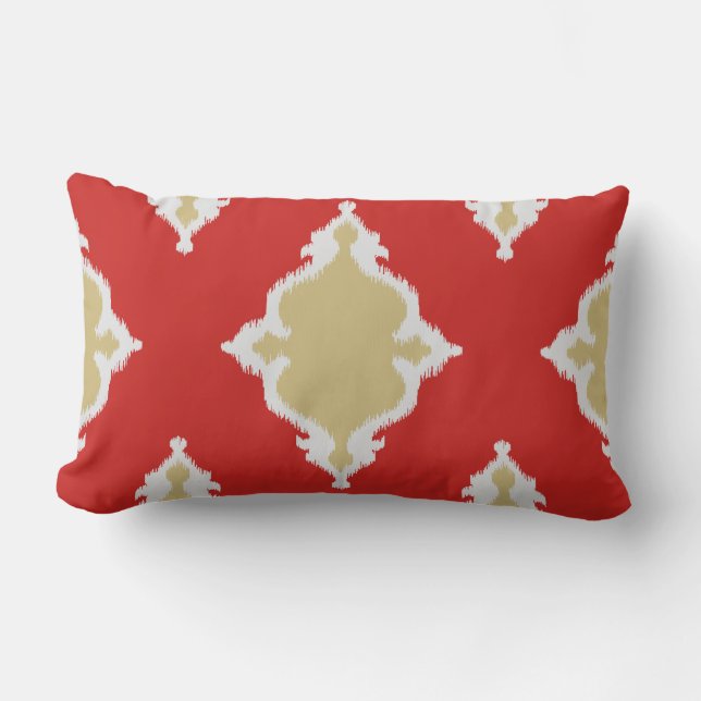 Coussin chic moderne d'ikat de rouge et d'or (Recto)