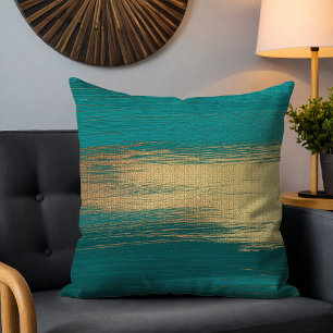 Coussin Chic Moderne Turquoise Gold Abstrait Brushstrokies