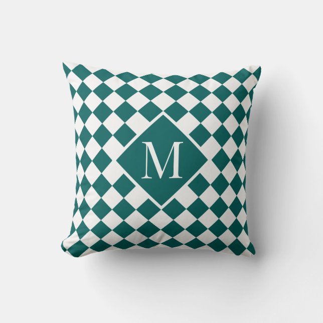 Coussin Chic Monogramme Turquoise Blanc À damiers Motif (Recto)