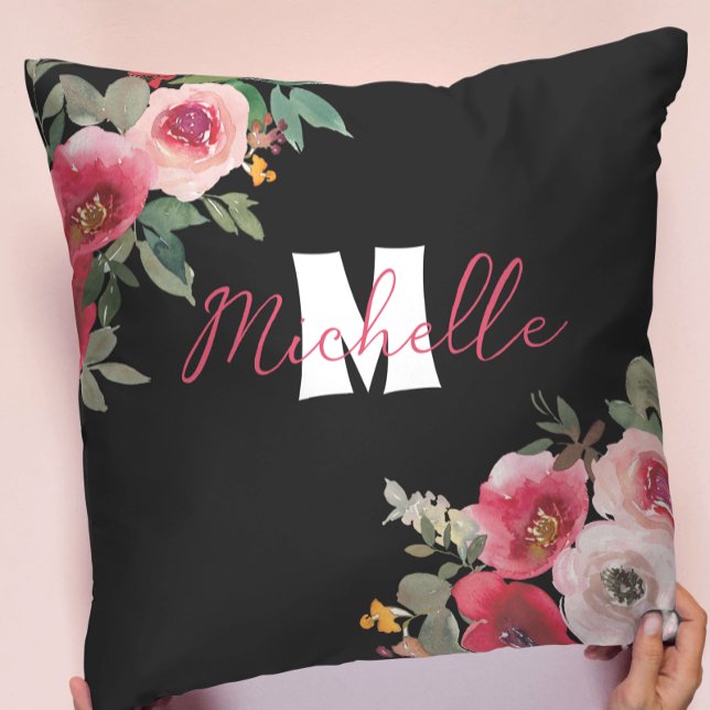 Coussin Chic monogrammed rose Floral aquarelle (Créateur téléchargé)